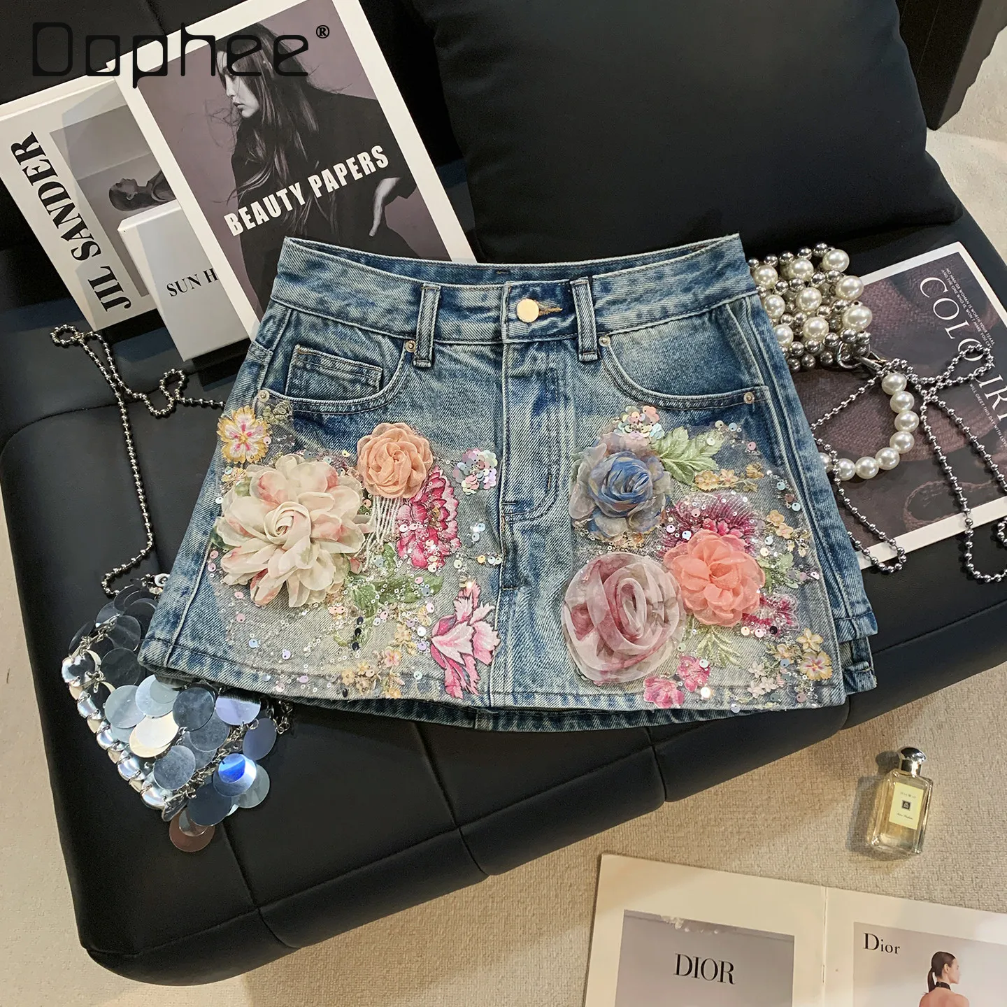 

High End Three-dimensional Flower Bead Sequined Embroidered Denim Skirt Sweet Girl Style High Waist A-shaped Skirt Summer New
