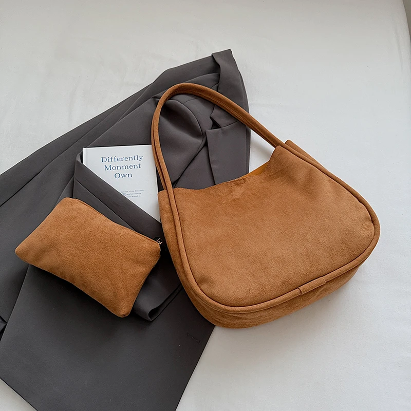 

Дизайнерские сумки на плечо из искусственной замши для женщин, новинка 2025 года, зимняя женская сумка подмышками ​ Роскошные сумки и кошельки из 2 шт./компл.