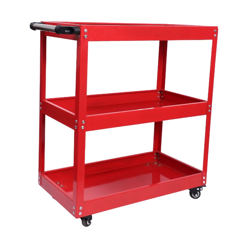 Professional Heavy Duty Tool Cart with 3 Thick Shelves 0.9mm Steel Plate Lockable Black Rubber Wheels for Garage and Factory