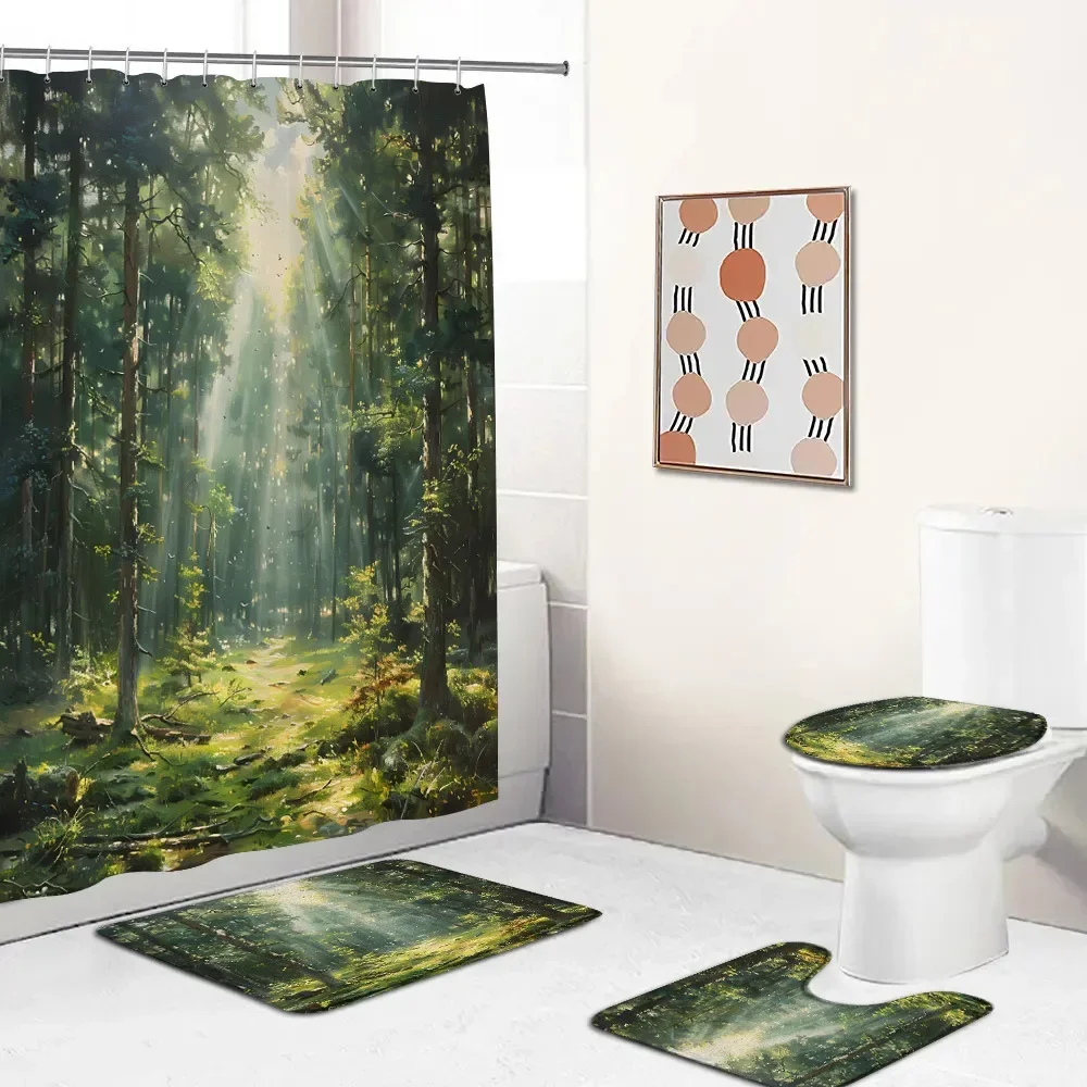 Forest Oil Painting Shower Curtain Set Tree Stream Grassland Mountain Nature Bath Decor Natural Art Bathtub Mat Toilet Lid Cover