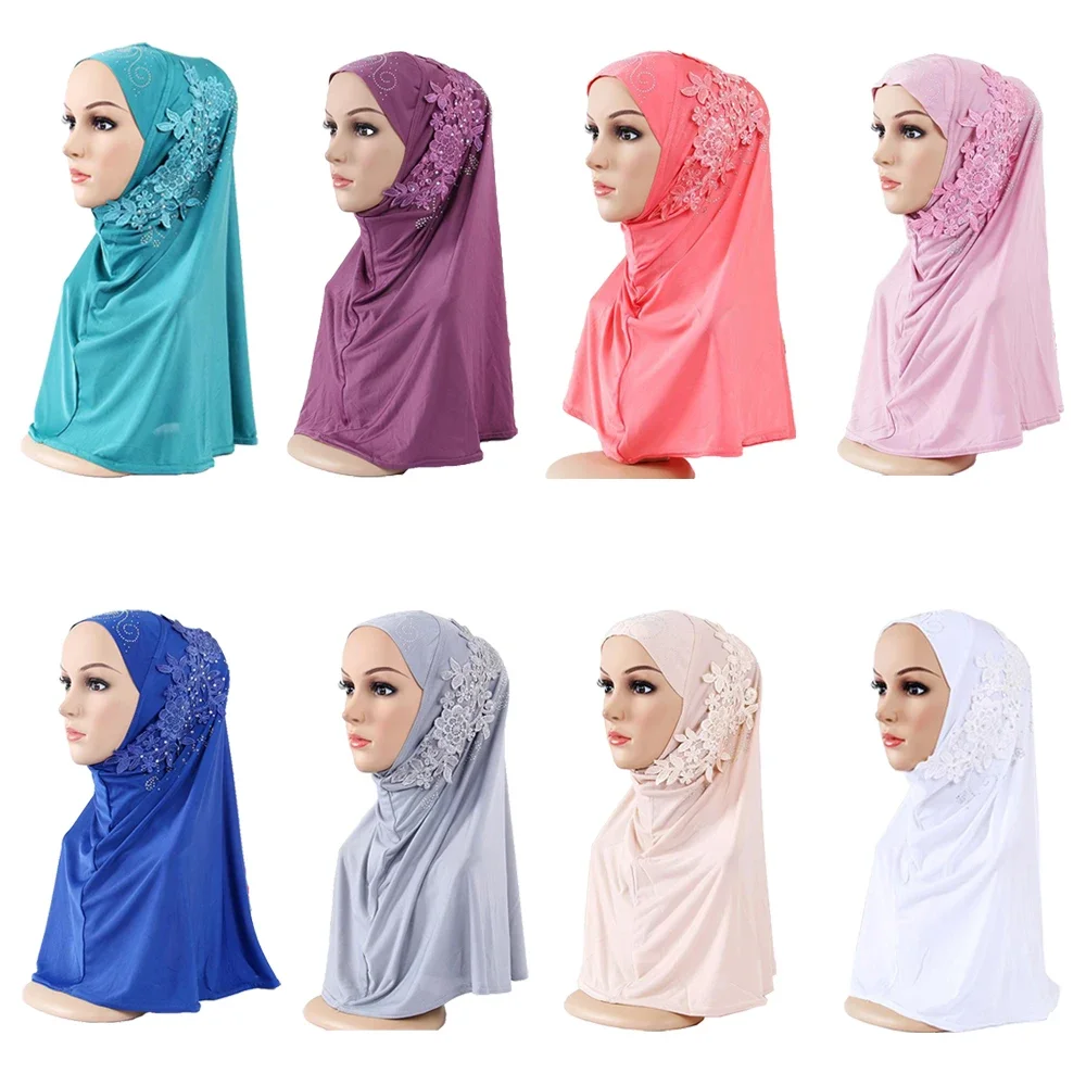 

Diamonds Lace Hijab Muslim Women One Piece Amira Overhead Prayer Hijabs Instant Scarf Headscarf Shawls Wrap Pull On Ready Made