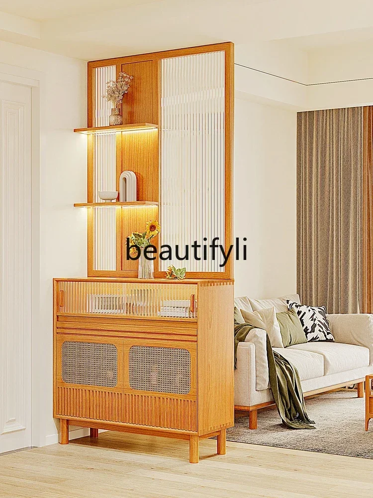G Japanese-style solid wood entrance shoe cabinet screen interated partition rack rattan lass foyer cabinet