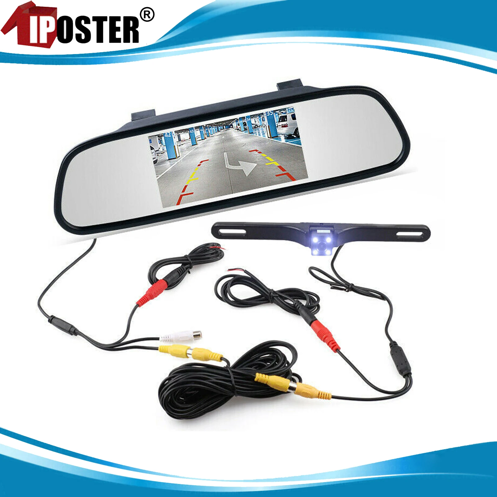 iPoster 4.3 Inch Car Rear View Mirror Monitor Clip on Original Mirror with License Plate 4 LEDs Backup Camera Universal Kit