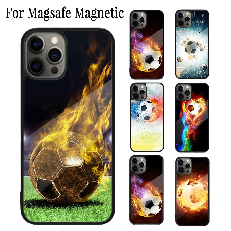 Fire Football Soccer Ball Magnetic Phone Case Coque For iPhone 16 15 14 Plus 13 12 Mini 11 Pro Max Magsafe Wireless Cover