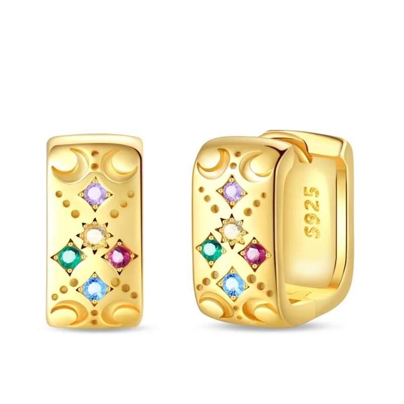 Pendientes de aro de plata de ley 925 con circonita brillante, pendientes cuadrados con forma de luna misteriosa para mujer, exquisitos regalos de joyería de cumpleaños