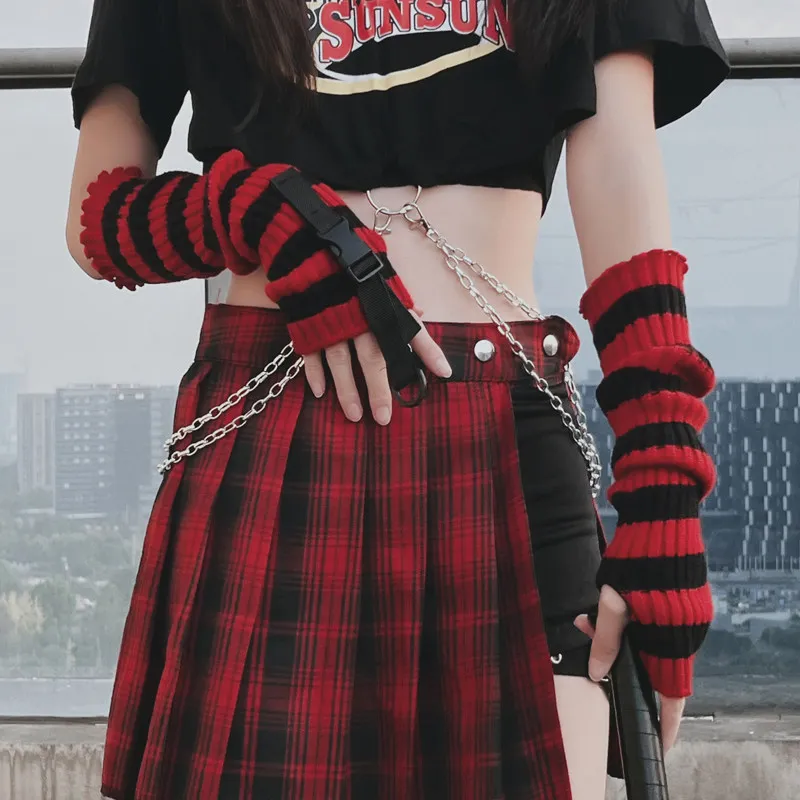 Subculture Y2k  Half-finger Gloves Girls Japanese Y2k Babes Bare Finger Sleeves Jk Girls Two-dimensional Stripes Function Wind