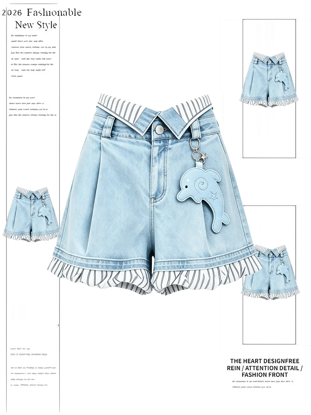 

Sweet Pleated Flower Bud Stripe Splicing Denim Shorts Women Summer New Hanging Sense High Level Slim Straight Leg Pants