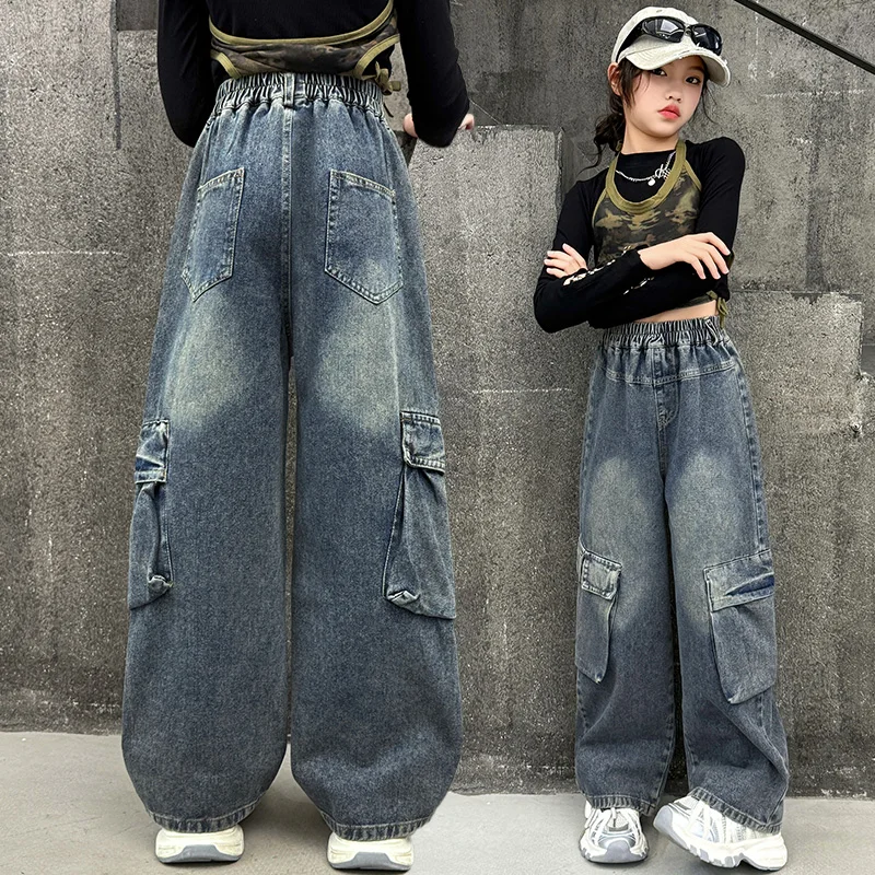 

High Quality Children Cargo Jeans with Side Pocket for Girl High Fashion Streetwear Denim Pants Kids Y2K Hiphop Jeans Trousers