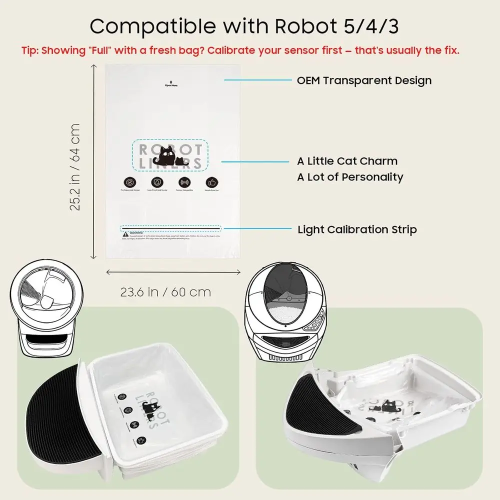 90 Pack Litter Box Robot 5/4/3 Waste Bags, Tear-free, Transparent, Sensor-compatible, Automatic Litter Box Liners Bags, 9-11 Gal