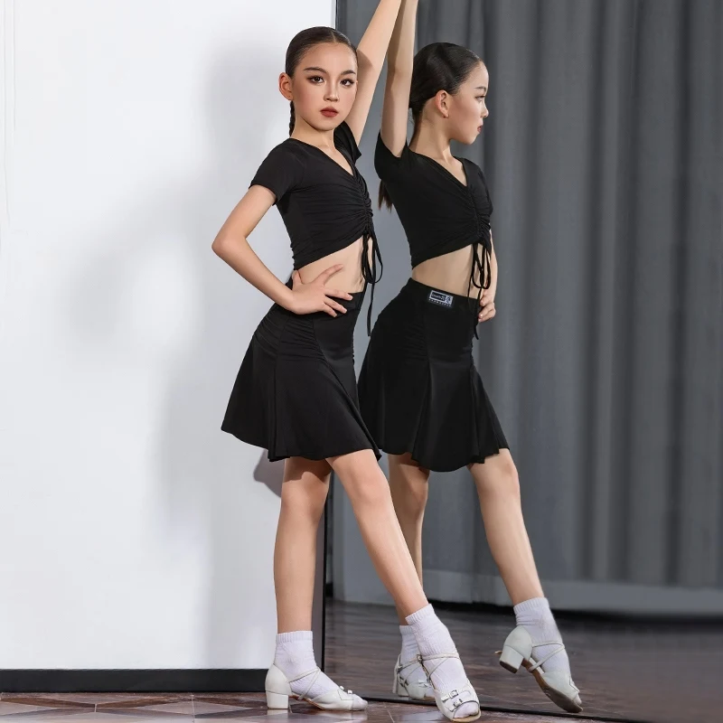 2025 New Latin Dance Performance Costumes For Girls Black Tops Split Skirts Suit Chacha Rumba Tango Kids Latin Clothes DQS20230