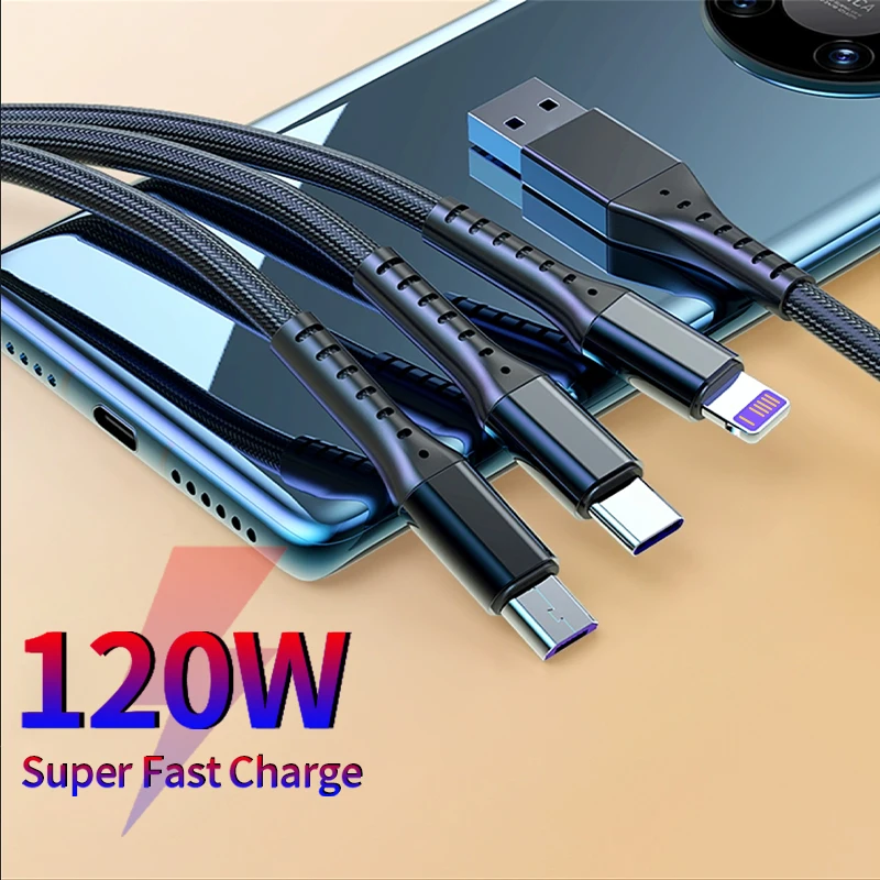 Cable de datos USB 3 en 1 de 120w, carga rápida Lightning Micro tipo C, línea de cargador para Iphone, Samsung, Huwei, Cable de teléfono móvil para coche