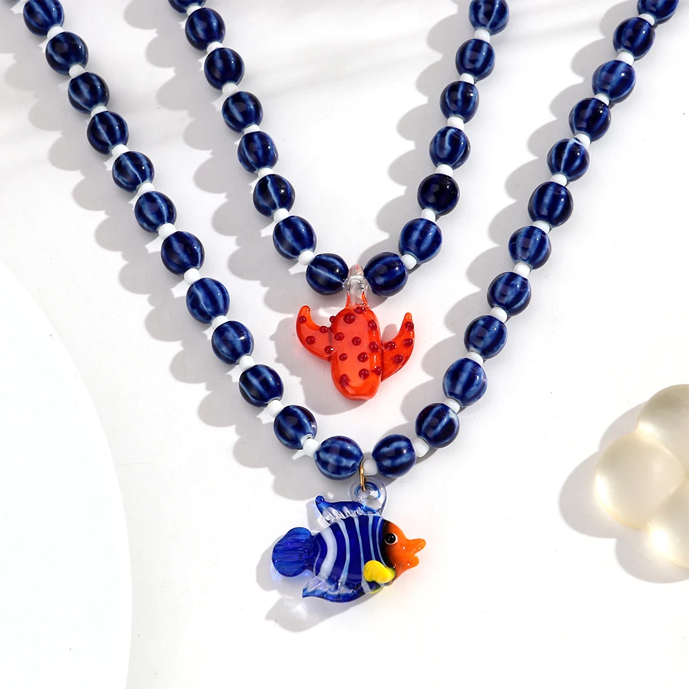 Neue Kreative Tropische Clownfisch-Kaktus-Anhänger-Halskette für Frauen Sommerliche Trendige Runde Keramikperlen-Kette Statement-Schmuck Geschenk – Detail 2