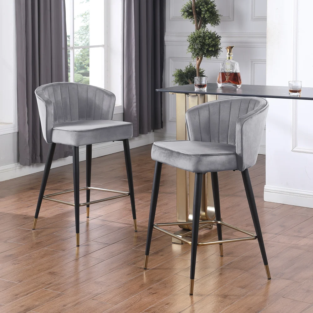 

Velvet Upholstered Counter Height Stool with Deep Channel Tufting and Gold Tipped Black Metal Legs 20" W X 21" D X 36.5" H, Gray