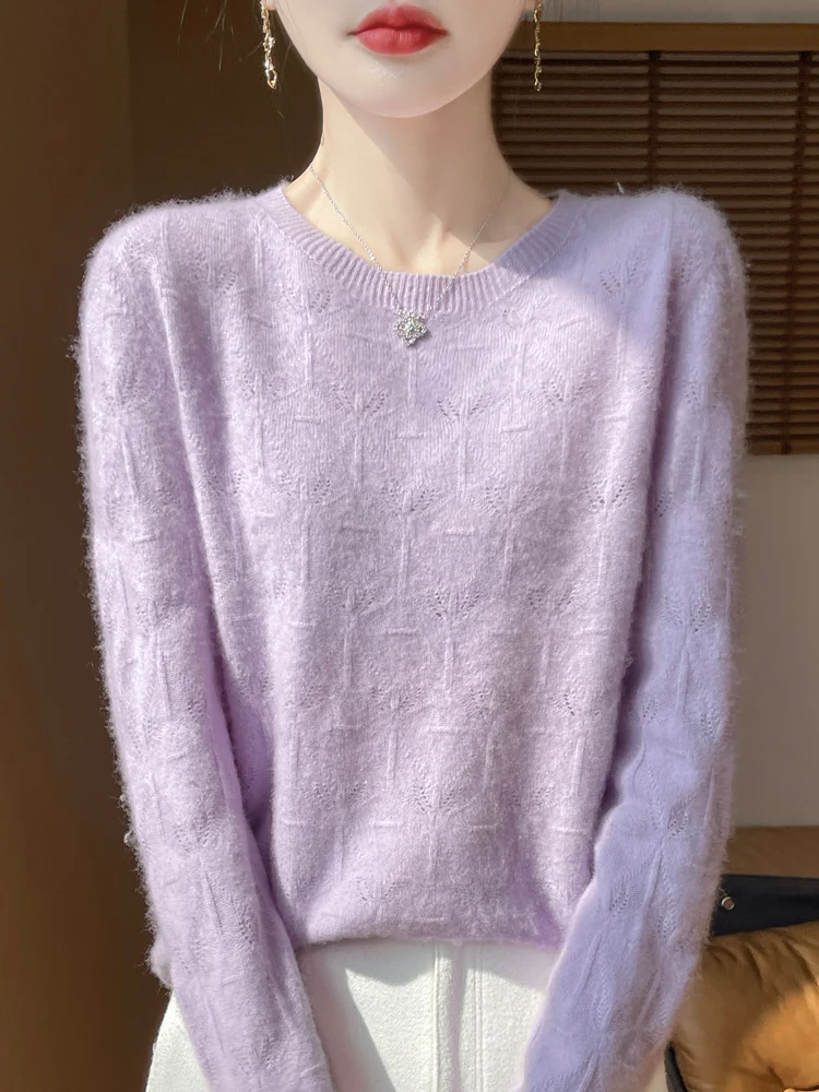 Women\'s 100% Merino Wool Sweater Pullover Hollow Out O-neck Cashmere Autumn Winter Long Sleeve Solid Grace Seamless Clothing Top
