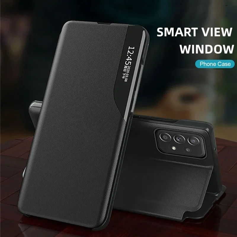 Smart Window View Luxury Leather Flip Phone Case For Samsung Galaxy A33 A53 A73 5G Book Stand Holder Shockproof Back Cover Funda