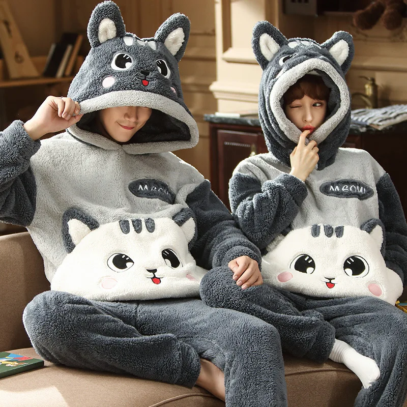 Winter Couples Pajama Sets Women Men Pyjamas Hoodies Sleepwear Thicken Soft Warm Cartoon Cat Lovely Lovers Pijamas Suit