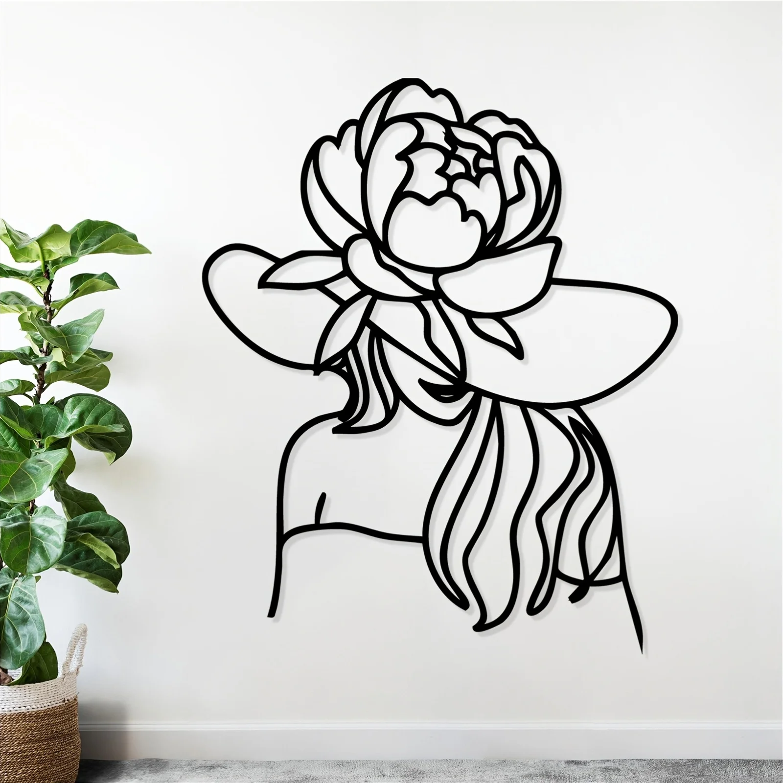 Elegant Flower Hat Lady Metal Wall Art Flat Iron Statue Mural Bedroom Garden Fence Mother's Day Anniversary Gift Feminine Decor