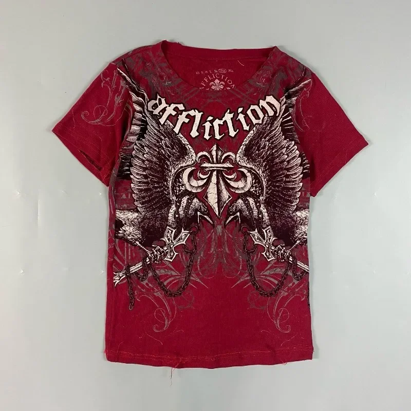90s Affliction Retro Red T shirt Men Style Streetwear Tee Gothic Skull Cross Print Trendy Graphic T Shirts American Fashion Tops