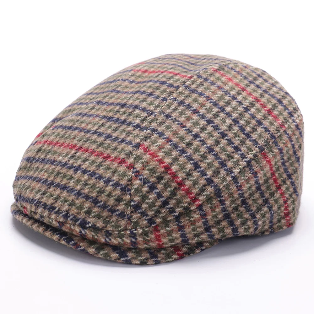 Classic Houndstooth Newsboy Cap for Men Women Autumn Winter Plaid Woollen Flat Cap Vintage Ivy Hat Irish Outdoor Cabbie Beret