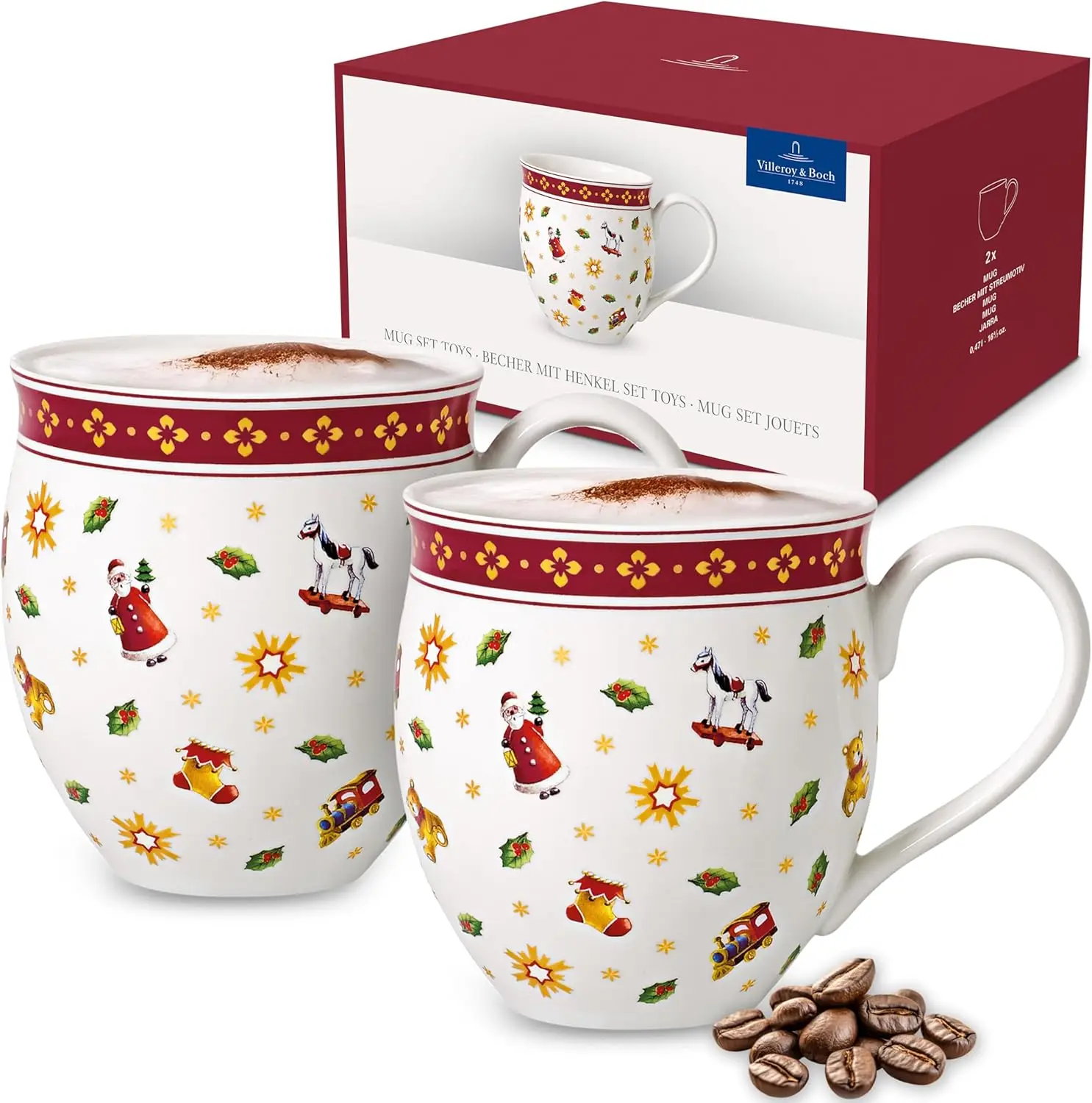 

2-Piece White Porcelain Mug Set with Festive Toy Pattern, 440ml Each
