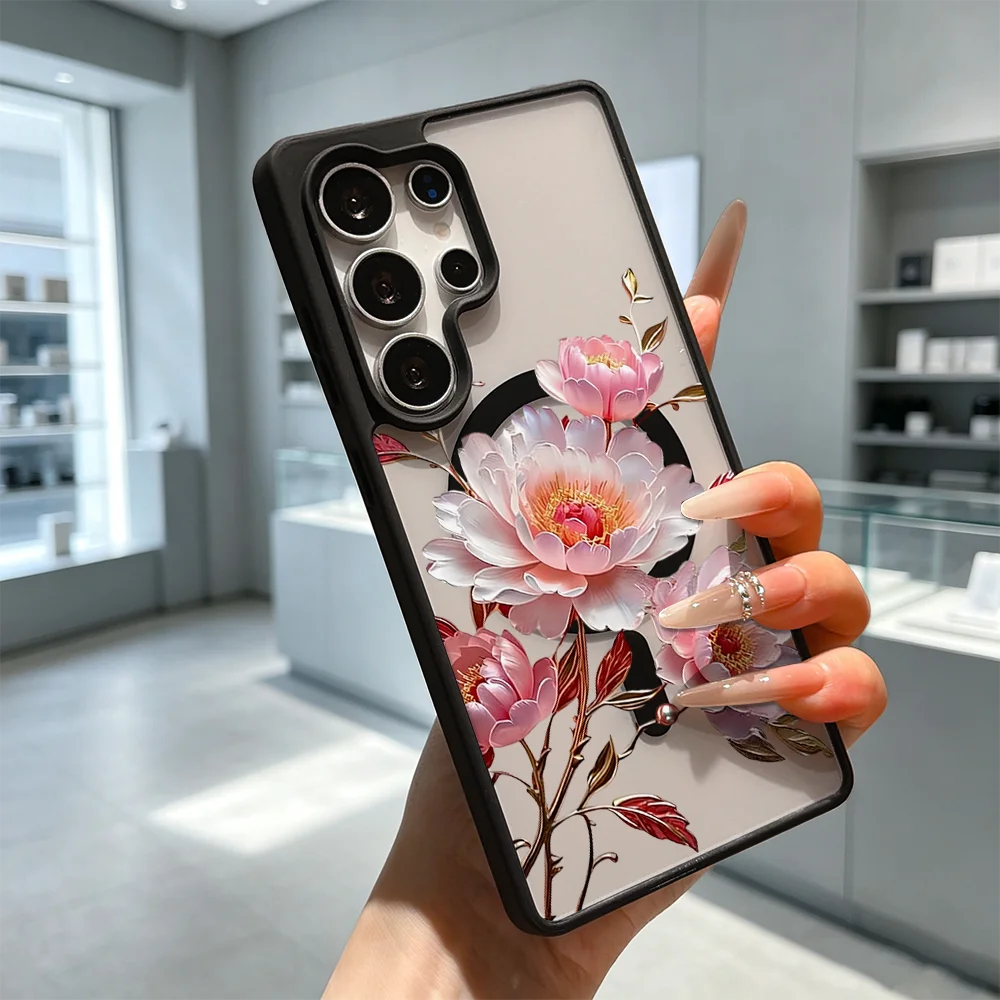 Pink Peonies Magnetic Clear Phone Case For Samsung Galaxy S26 S25 S24 S23 S22 Ultra FE A17 A37 A57 Shockproof Cover