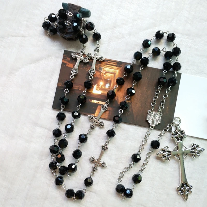 Y166 for Cross Necklaces Black Crystal Rosary Pendant for First Communion Women Men Trendy Promise Chain Teens Neck Jewelry