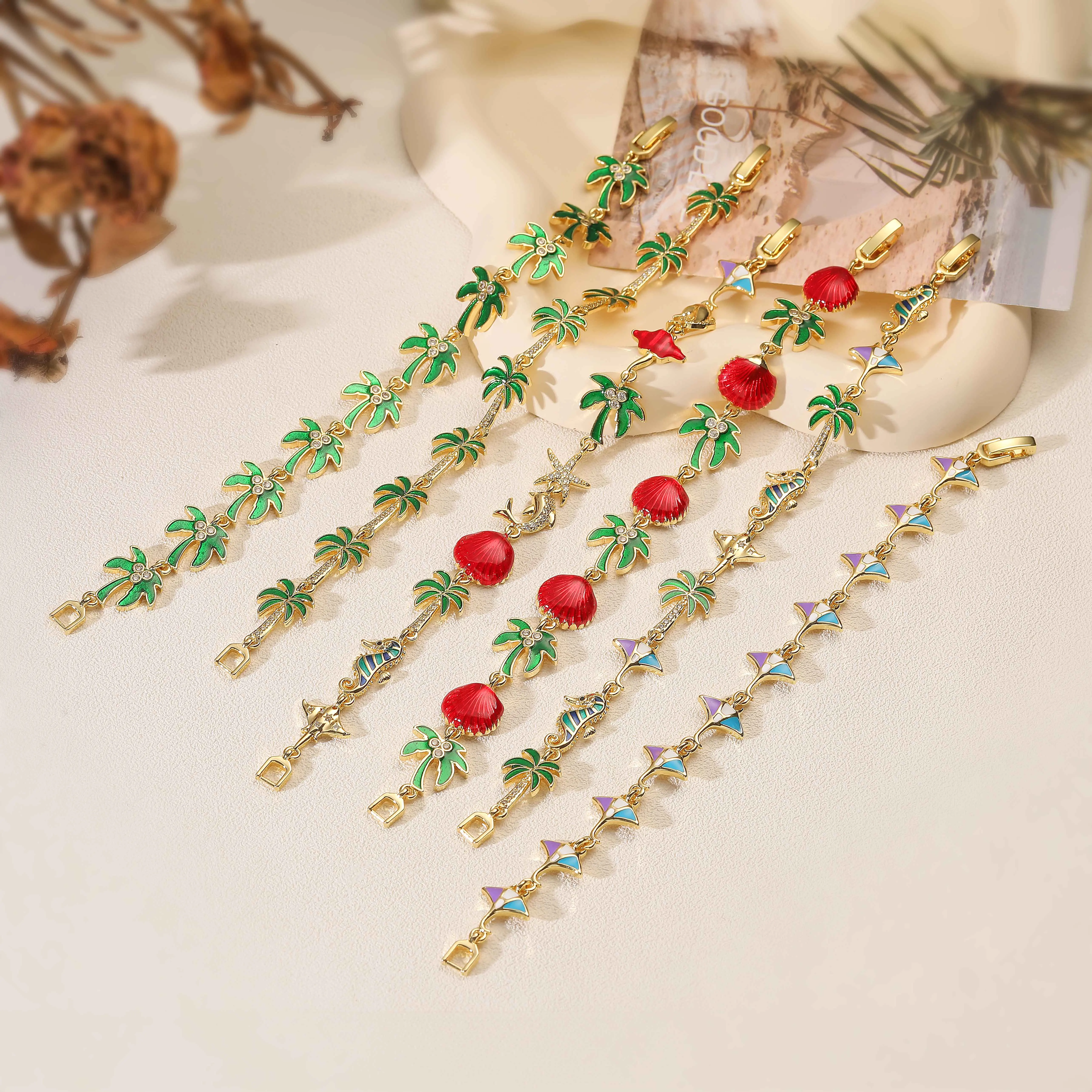 Green Enamel Drip Glaze Retro Bracelet with Palm Tree and Coconut Tree Pattern Pendant Chain Sweet and Cute Accessory