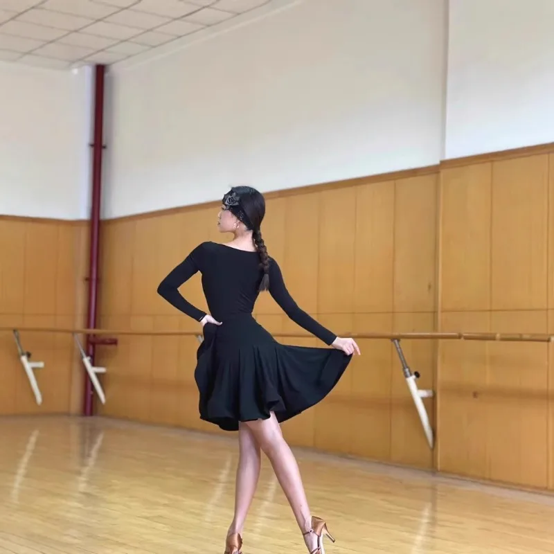 

customized Latin dance dress modern long sleeved top fish bone big swing half skirt chacha samba tango rumba performance uniform