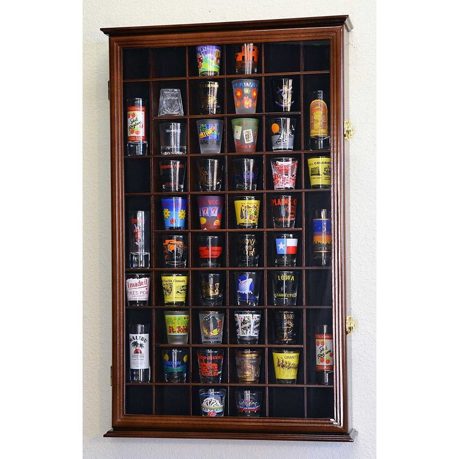 54 Shot Glass Shotglass Shooter Display Case Holder Cabinet Wall Rack w/UV Protection -Walnut