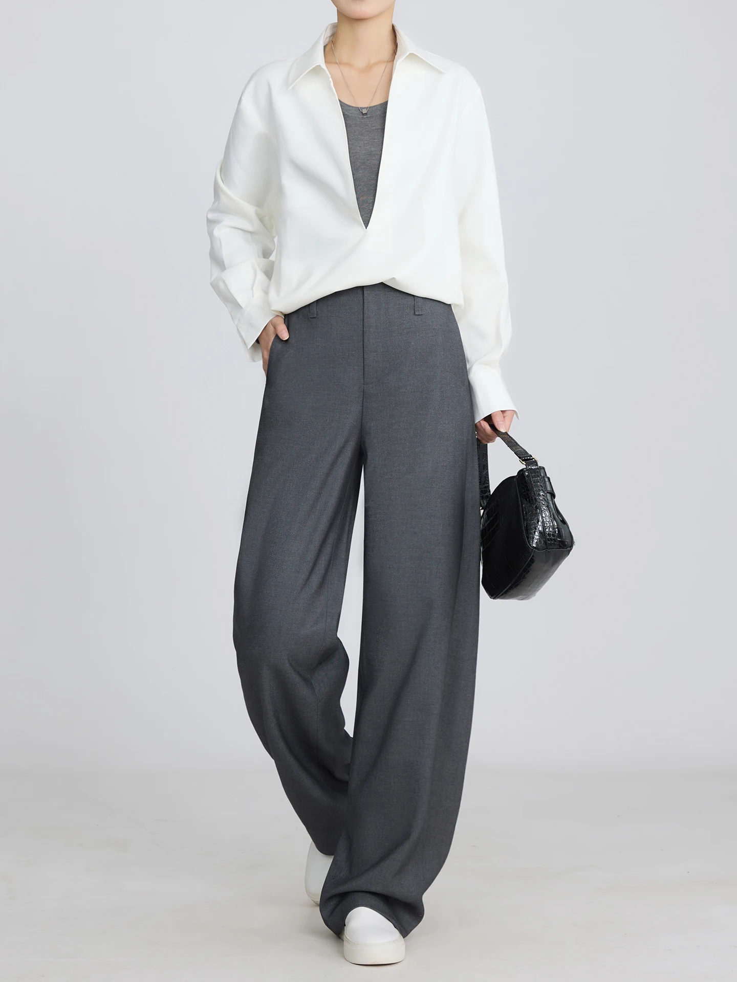 

High Waist Wide Leg Pants Wool Grey Women's Simple Slimming Extended Knife Pants Suit Pants Spring New Arrival