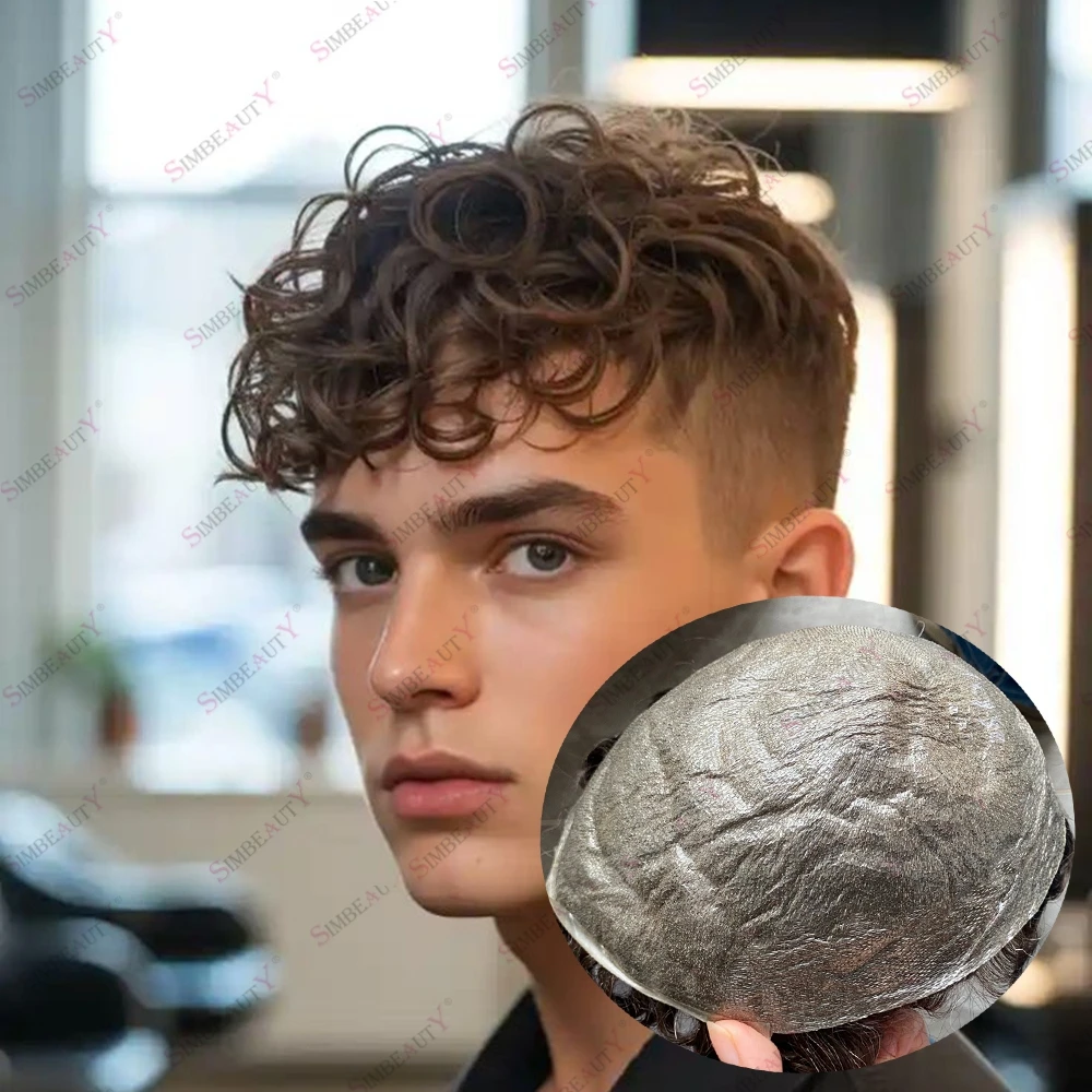 Undetectabl Super Natural Thin Skin Men's Human Hair Toupee 26mm Curly Hair 0.03mm/0.06mm Poly Skin Base Capillary Prosthesis