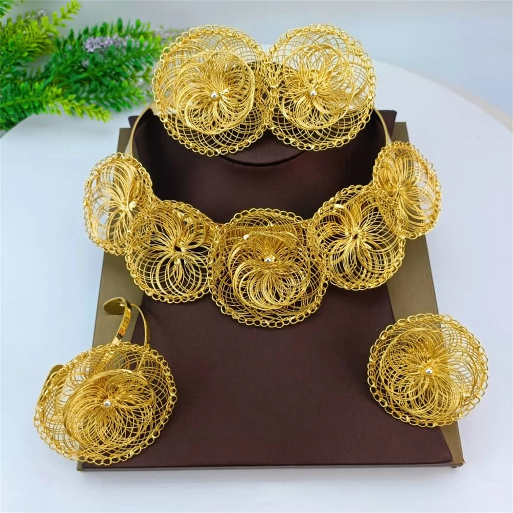 EMMA مجموعة مجوهرات كبيرة برازيلية مطلية بالذهب زهرة مستديرة قلادة قلادة أقراط سوار خاتم امرأة فاخرة مجوهرات يدوية الصنع
