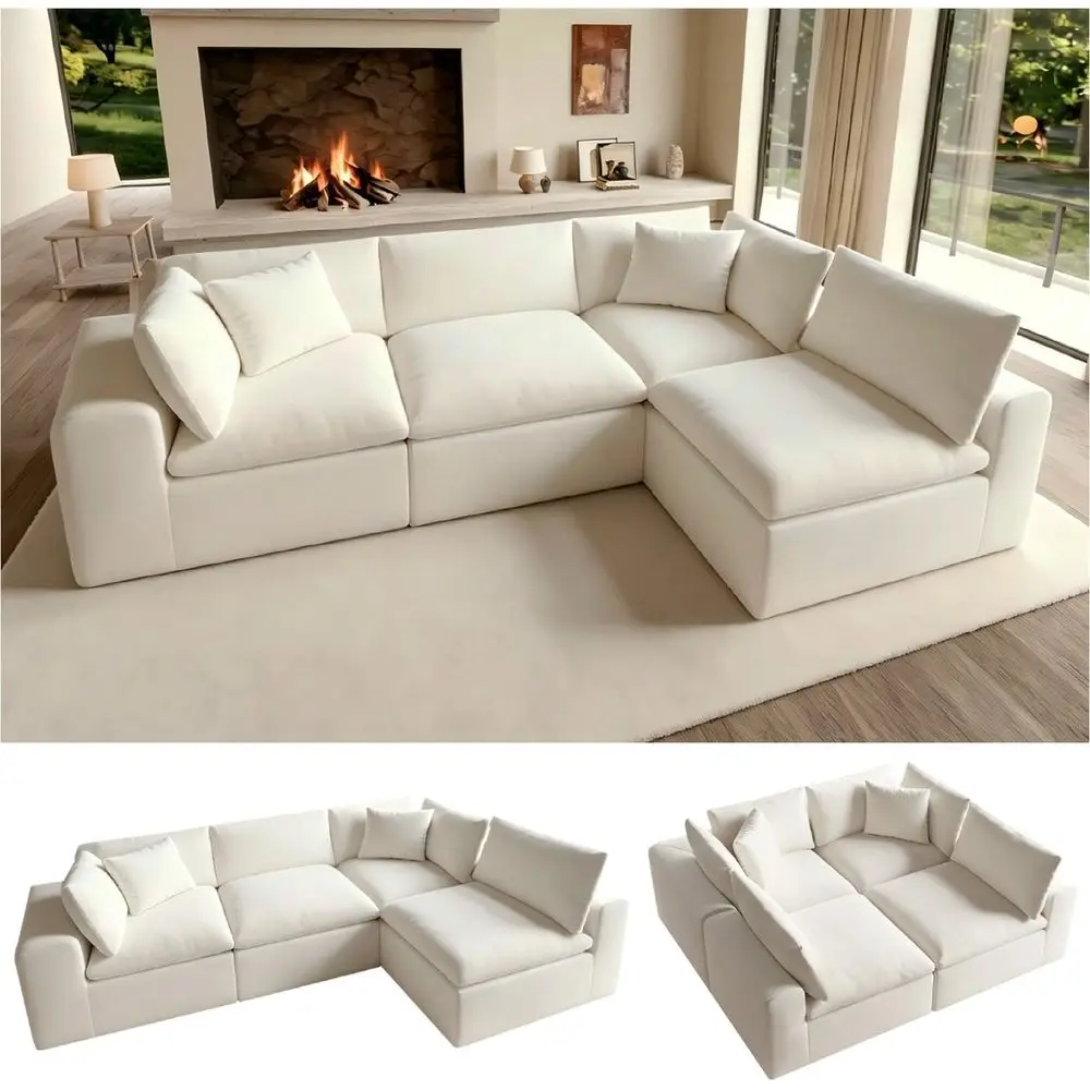 

4-Seater L-Shaped Sectional Couch with Deep Seats, No Assembly, Washable Fabric Sleeper Sofa, White