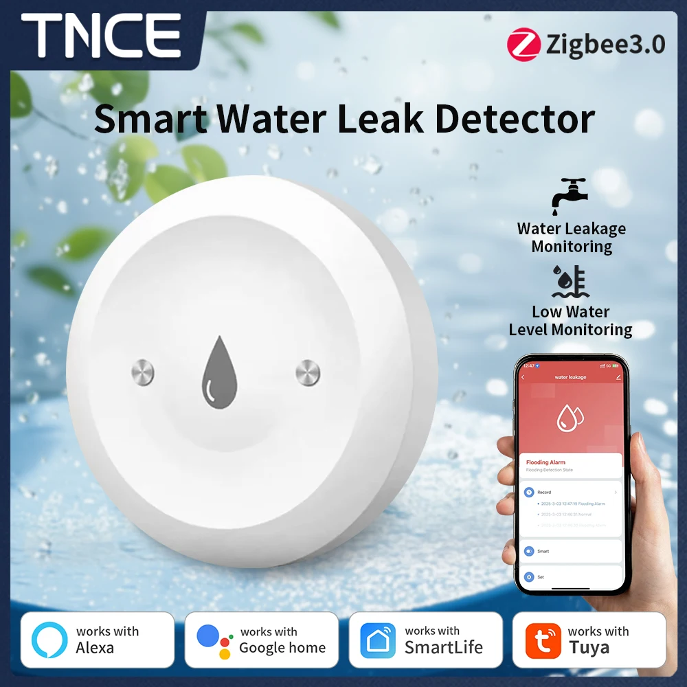 TNCE Tuya Zigbee3.0 Smart Water Leak Sensor Smart Life APP Remote Monitoring Flood Alert Overflow Security With Alexa GoogleHome