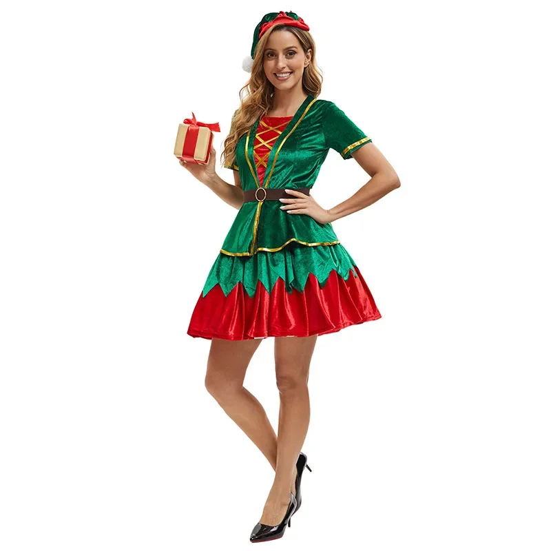 Chrismas Costume Cosplay Green Elf Fancy Dress Suits Xmas Theme Party Rolr Playing Clothing Sets Adult Men Women