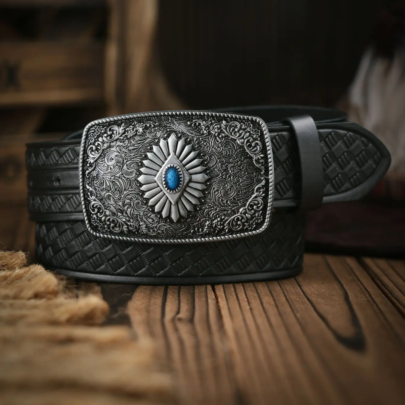 Western Cowboy PU Leather Belt - Men Waist Strap Bull Decoration Floral Engraved for Jeans