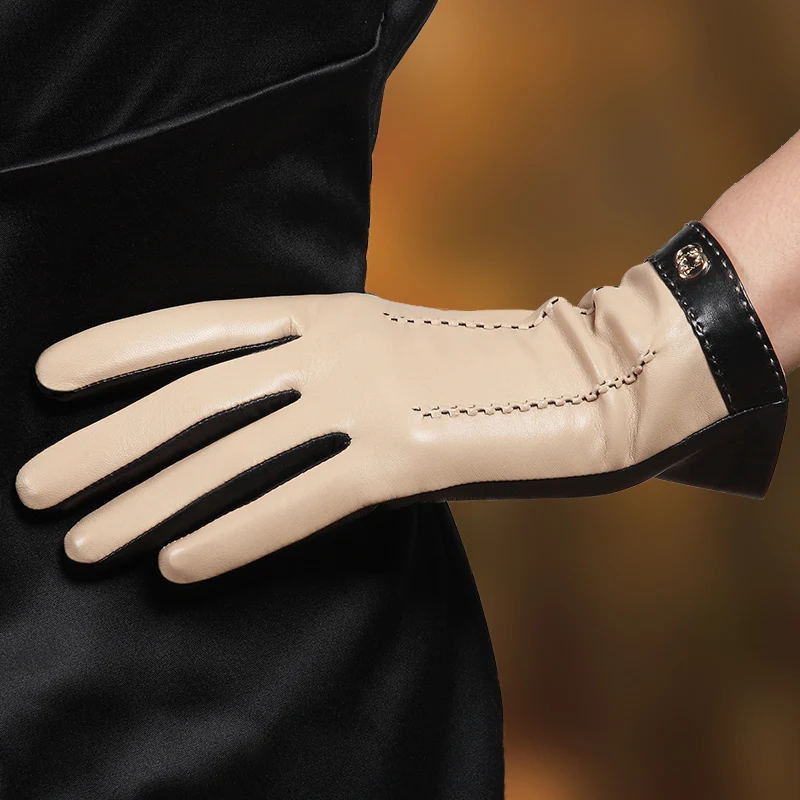 Real Leather Gloves Female Autumn Winter Thermal Velvet lined Fashion Genuine Sheepskin Driving Gloves For WOmen L169NC2