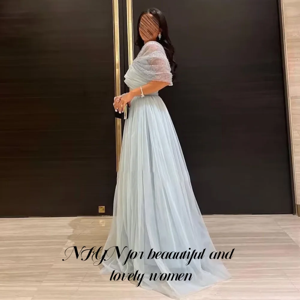 NFYN Blue Sexy Formal Gown Net Off the Shoulder Woman Evening Dress Pleats V-Neck A-Line Celebrity Dress for Woman Customized