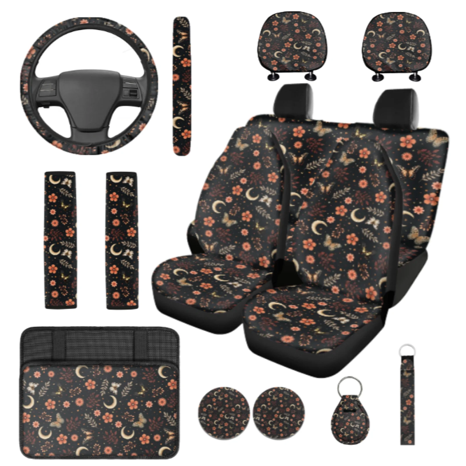 Coloranimal Butterfly Flowers 14 Pcs Auto Seat Cover Sets with Soft Car Armrest Cover and Key Fob for Car Interior