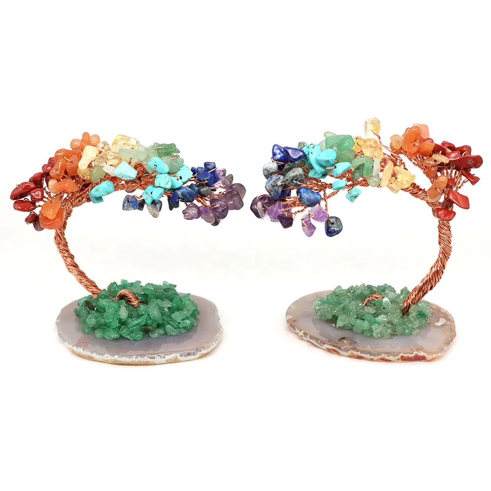 الطبيعية 7 شقرا كريستال شجرة المال الأسلاك النحاسية ملفوفة العقيق شريحة قاعدة أحجار استشفاء اليوغا فنغ شوي أشجار الحياة ديكور المنزل