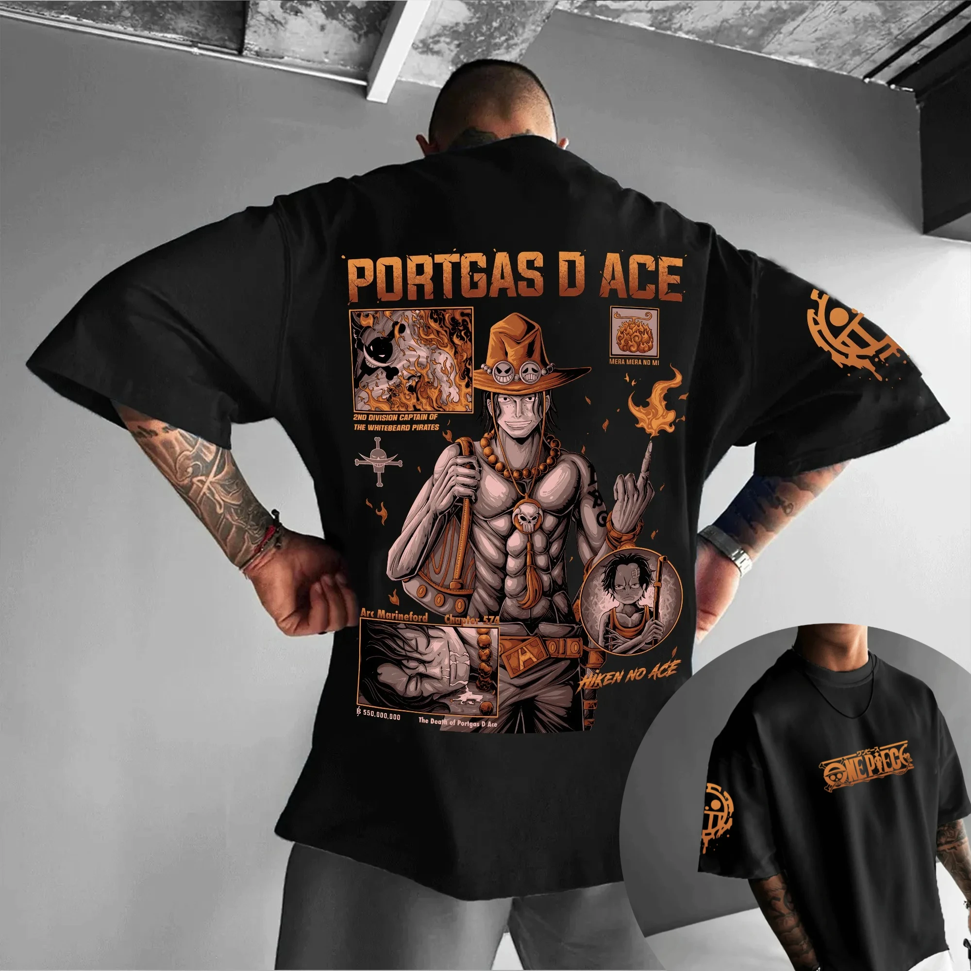 ONE PIECE Hot Blood Anime Ace Print Męska i damska letnia moda uliczna Luźna koszulka, bluza z kapturem, spodenki i spodnie dresowe