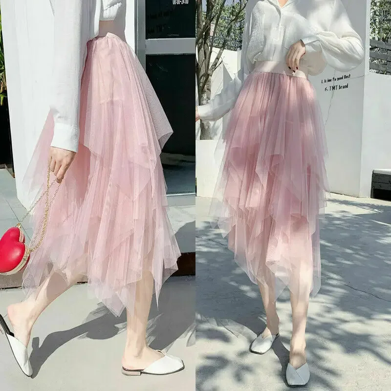 2024 Newest Hot Women's Tulle Skirt Elastic High Waist Underskirt Ballet Irregular Pleated Maxi Skirt Sheer Tutu Tulle Skirts