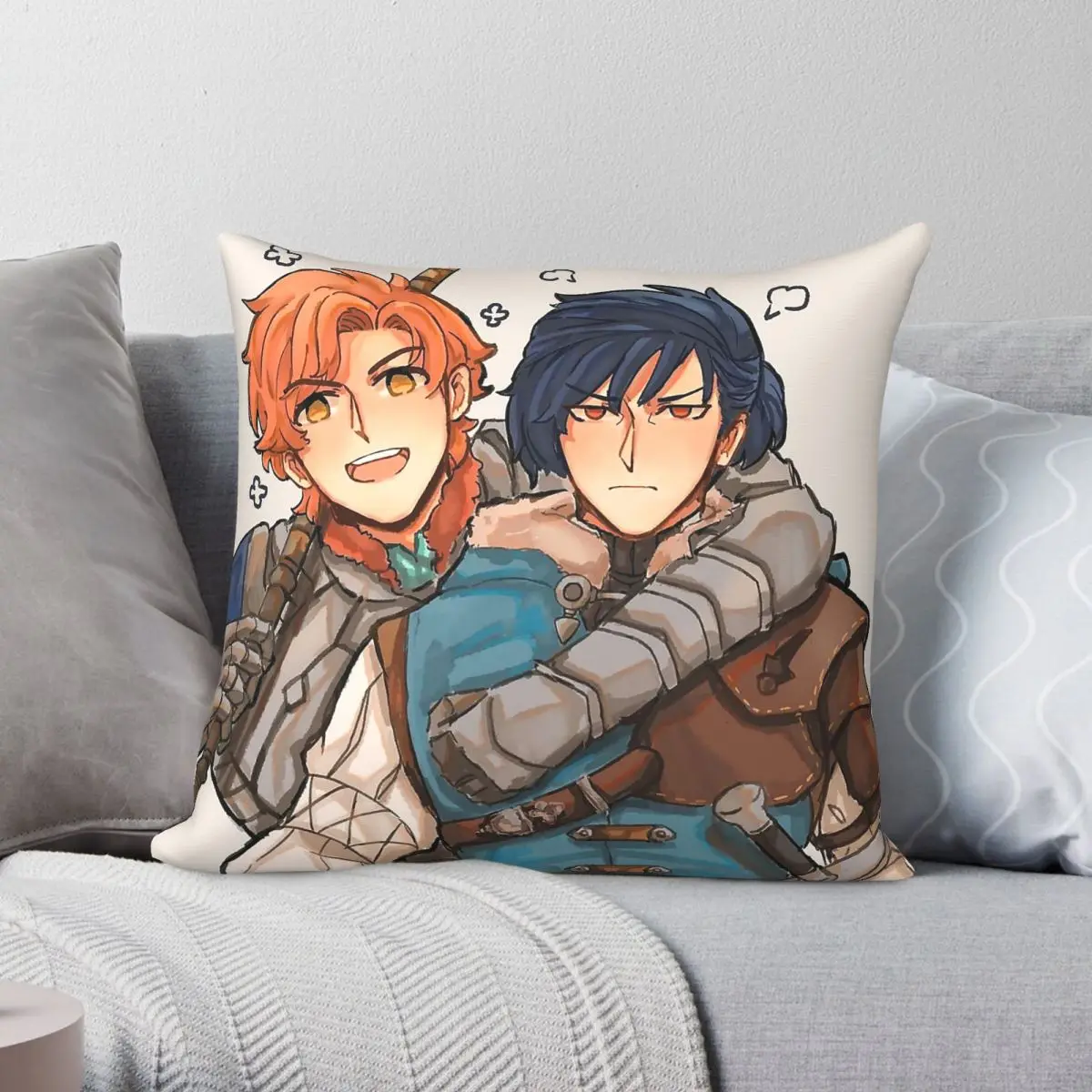Fire Emblem Sylvain & Felix Quadratischer Kissenbezug aus Polyester, Leinen, Samt, kreativer Reißverschluss-Dekor, Dekokissenbezug, Raumkissen, Großhandel