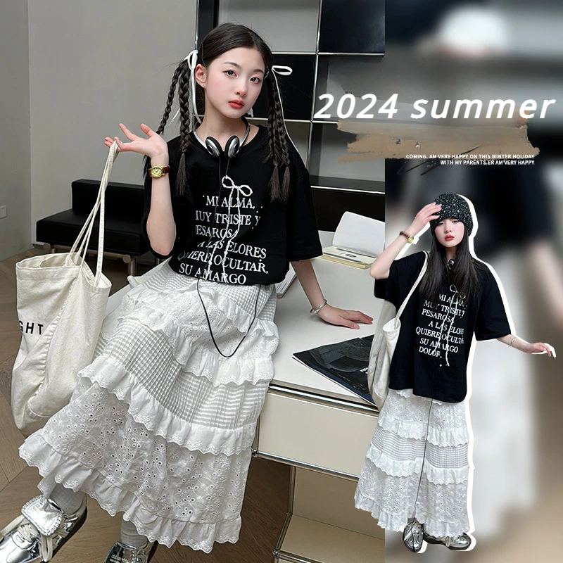 

Summer Girls Clothes Set Loose Casual Short Sleeve T-shirt White Skirt Two Pieces School Teen Children Princess Outfits 12 Year