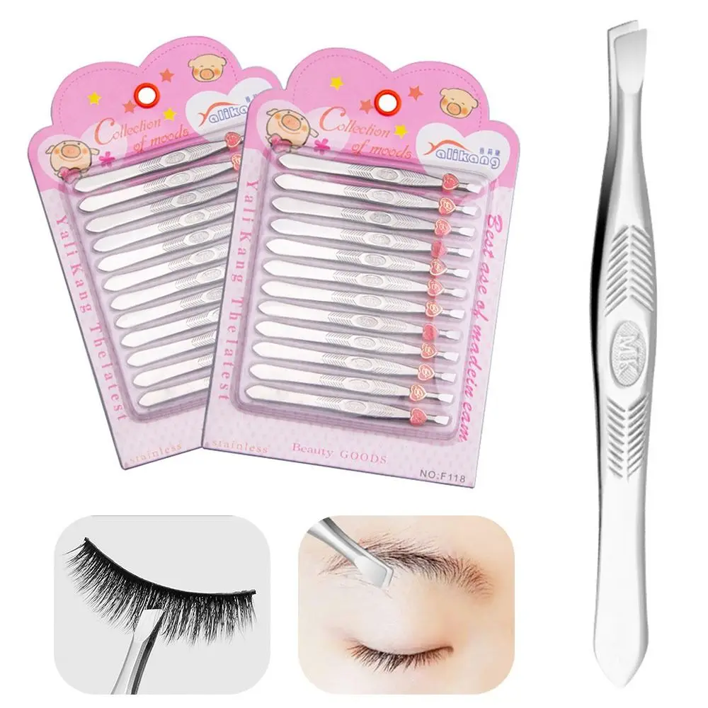 12PCS Stainless Steel Eyebrow Grooming Tweezers Straight Mouth/Diagonal Fine Work Tools Eyelash Tweezers Silver