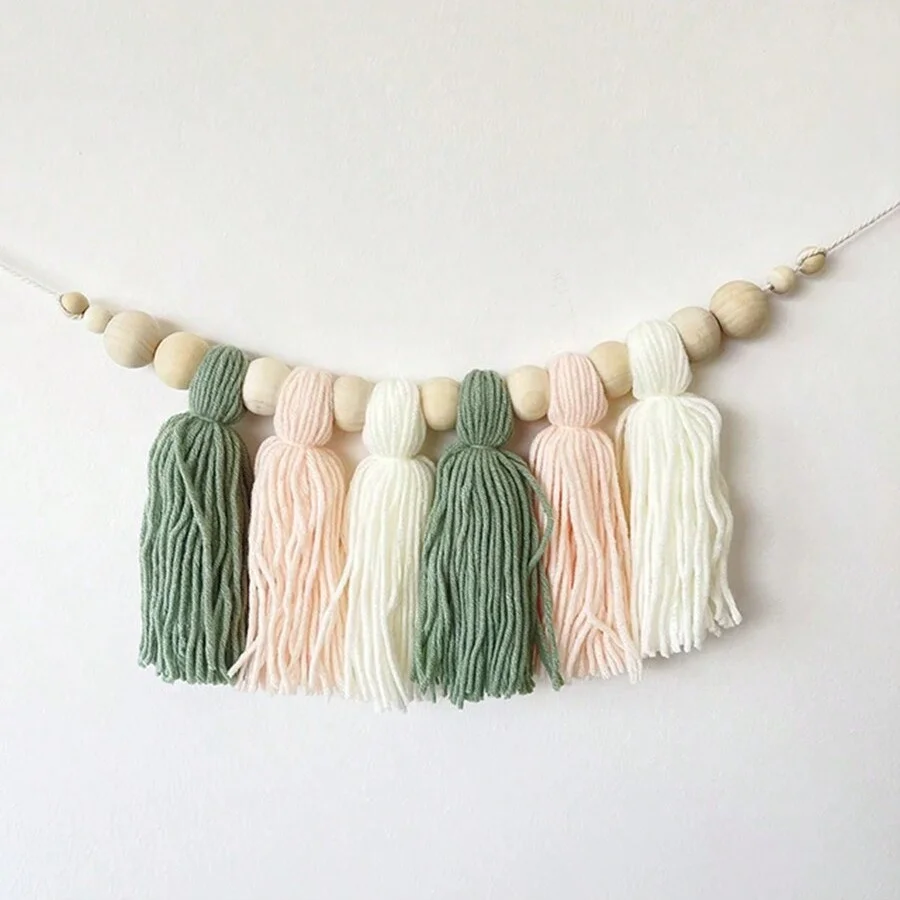 Boho Cotton Tassel Garland Wall Decoration with Wooden Beads Nursery Decor for Baby Room Tent Hanging Pendant Photo Props