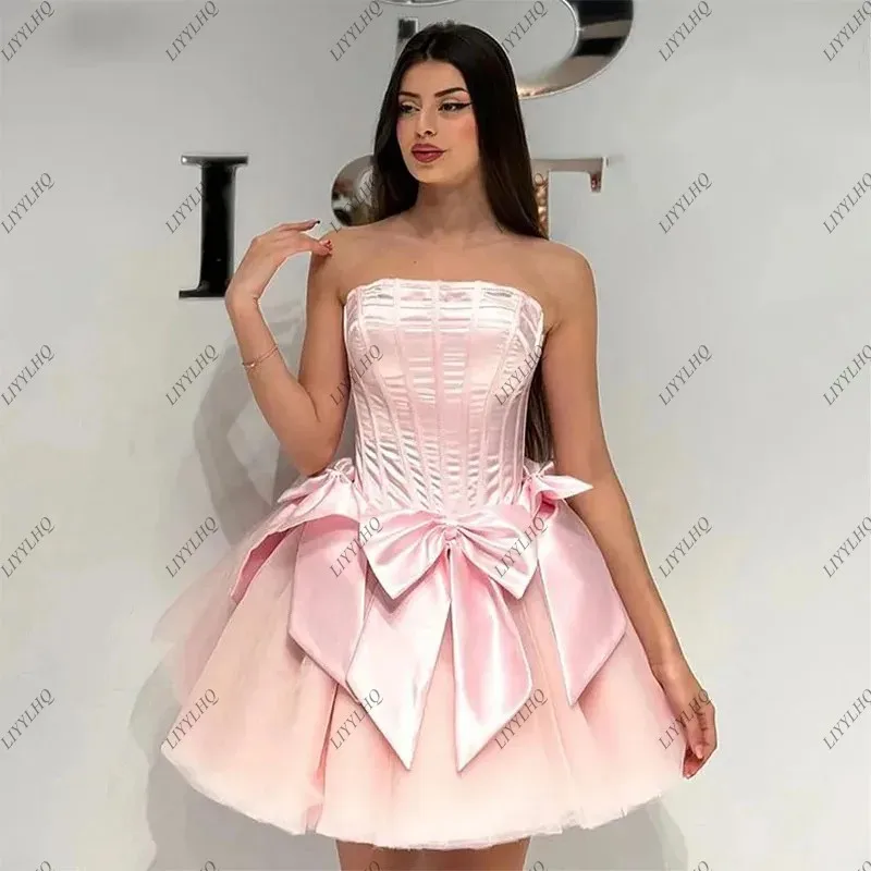 Girls Lace-Up Princess Pink Short Homecoming Dresses Sexy Mini Bow Tie Strapless A-Line Prom Gown Pretty Elegant Cocktail Dresse