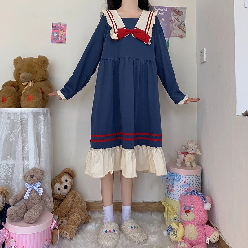 Autumn Kawaii New Japanese Sailor Collar Dresses Sweet Temperament Navy bowknot School Uniform Girls Cute Casual Dress