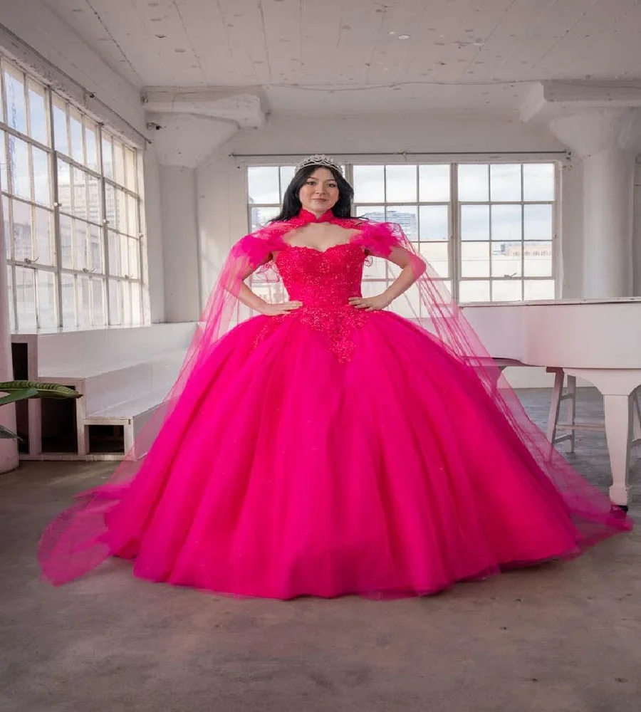 

Fairytale Hot Pink Quinceanera Dress With Cape Clock Elegant Ball Gown Tulle Lace Sweet 16 Birthday Dress Plus Size Customized