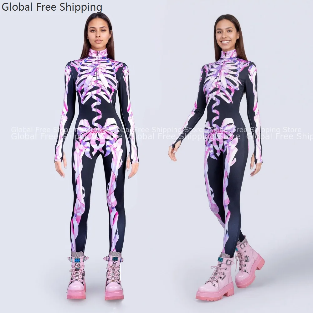 

Женский костюм на Хэллоуин, подарок, боди с длинными рукавами и принтом черепа, косплей, готический стиль, рождественский милый боди с бантом, 2025